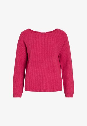 Rosa gestrickter Pullover mit weitem Ausschnitt, geripptem Muster und langen Ärmeln. Gerader Saum auf Taillenhöhe mit dezenten Nahtdetails.