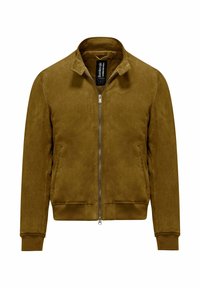 Dunkelgelbe Wildleder-Bomberjacke mit Reißverschluss vorne, gerippten Bündchen und Kragen, die eine glatte, matte Textur aufweist und über zwei seitliche Taschen verfügt.