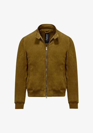 Dark mustard suede bomber jacket with a zip front, ribbed cuffs, and collar, featuring a smooth, matte texture and two side pockets.