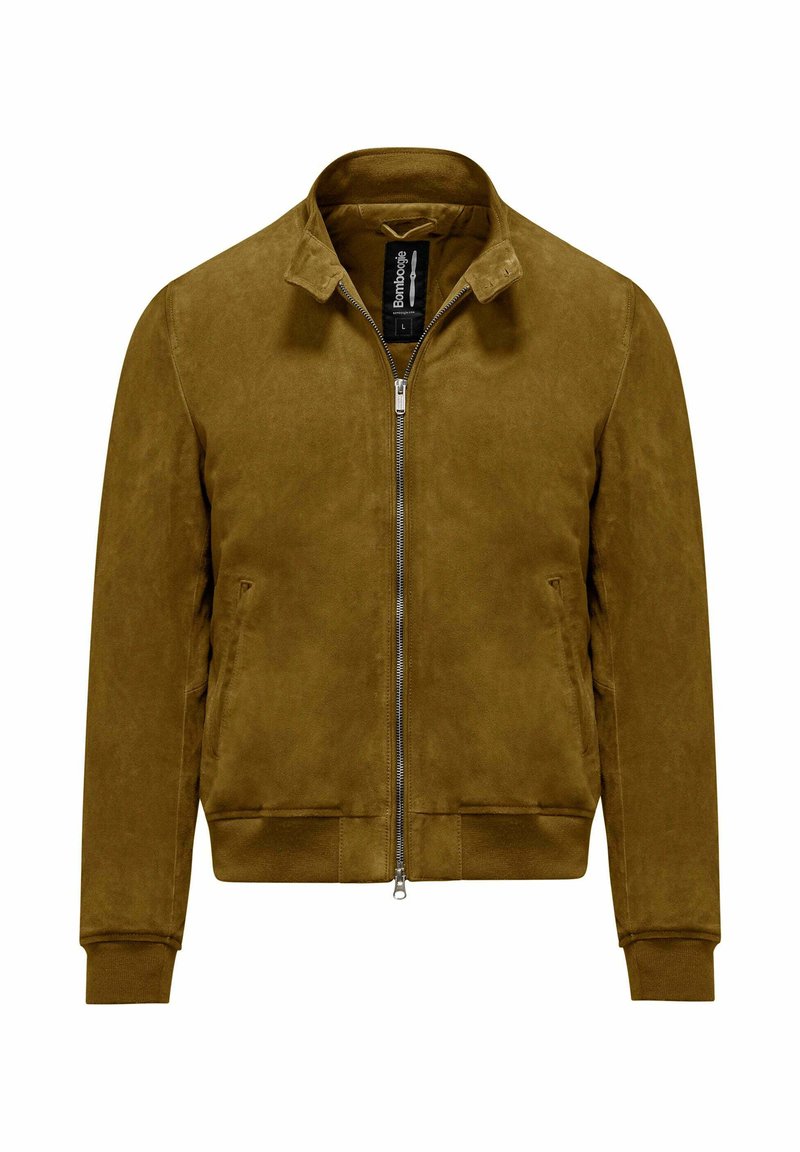 Dunkelgelbe Wildleder-Bomberjacke mit Reißverschluss vorne, gerippten Bündchen und Kragen, die eine glatte, matte Textur aufweist und über zwei seitliche Taschen verfügt.