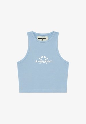 Világoskék, rövid fazonú tanktop puha pamut keverékből. Fehér csillaggrafikával és "lowlights" logóval díszítve. Ujjatlan kialakítás; sima textúra.
