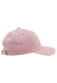 Roze katoenen honkbalpet met een gebogen rand, zes panelen ontwerp, geborduurde oogjes en een verstelbare strap aan de achterkant.