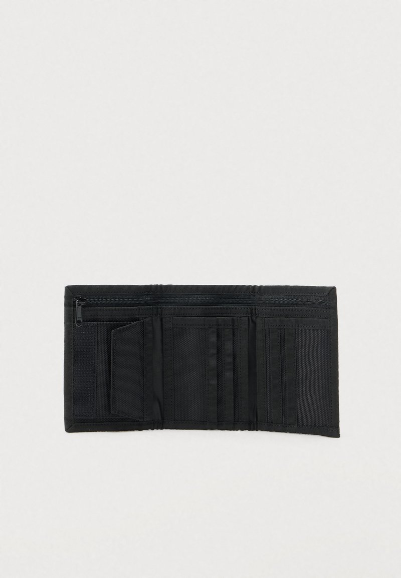 Black trifold wallet open, showing zippered coin pocket, multiple card slots, and compartments for cash or receipts.