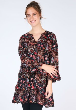 Schwarzes Kleid mit bunten Blumen- und Paisley-Mustern, Glockenärmeln und einem V-Ausschnitt. Weicher Stoff mit einer fließenden Silhouette.