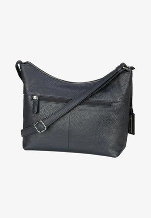 Sort læder crossbody taske med justerbar rem og lynlåslomme foran, tekstureret overflade og hardware i sølvfarve.