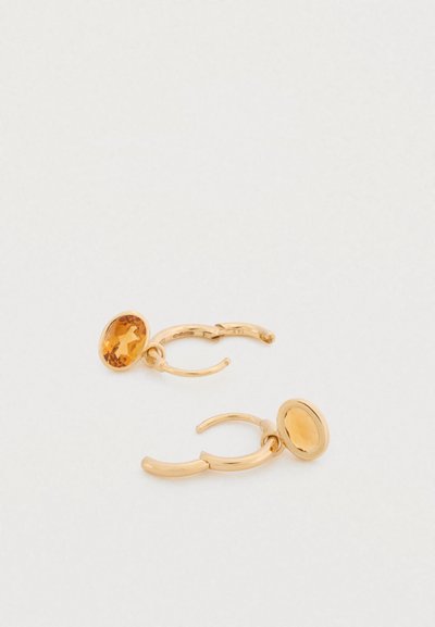 Cercei cu cerculețe în ton auriu, cu cristale ovale de chihlimbar. Finisaj metalic neted, design ușor și mecanism de închidere sigur.