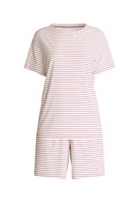Striped short-sleeve romper in light pink and burgundy. Soft fabric with a round neckline and relaxed fit, featuring horizontal stripes.