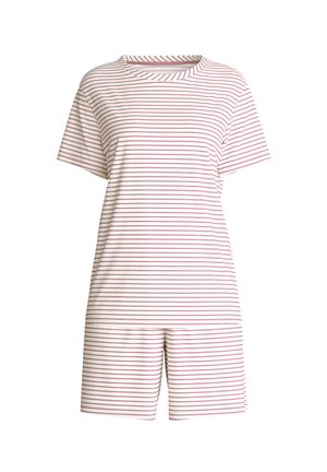 Striped short-sleeve romper in light pink and burgundy. Soft fabric with a round neckline and relaxed fit, featuring horizontal stripes.
