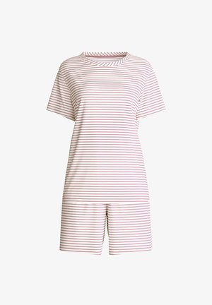 Gestreepte short-sleeve romper in lichtroze en bordeaux. Zachte stof met een ronde halslijn en een relaxte pasvorm, met horizontale strepen.