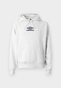 Felpa con cappuccio grigia chiara, con tasca anteriore, maniche lunghe, cappuccio con cordino e logo Umbro blu scuro centrato sul petto.