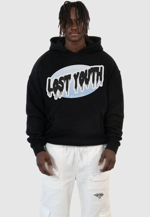 Black hoodie with front pouch pocket, featuring a vibrant blue oval graphic with the text "LOST YOUTH" in dripping white letters.