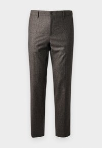 Pantalons marron à chevrons avec une coupe slim, dotés d'une fermeture à bouton à l'avant et de poches latérales, fabriqués en tissu texturé avec un léger éclat.