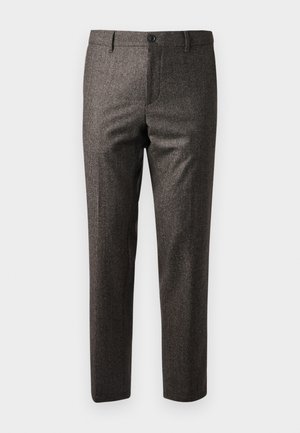 Brown herringbone trousers with a slim fit, featuring a front button closure and side pockets, made from textured fabric with a subtle sheen.