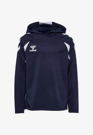 Donkerblauwe sporthoodie met lange mouwen, witte chevron-accenten op de schouders en het hummel-logo op de borst.