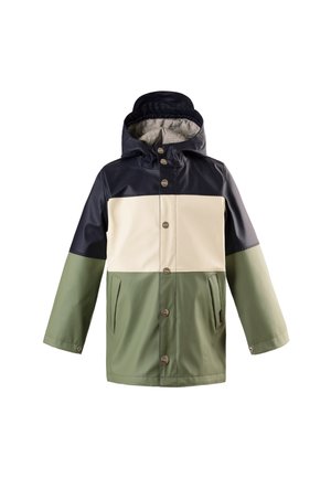 Kinder wasserdichte Jacke mit angenähter Kapuze, in Navy, Beige und Olivgrün, mit Druckknöpfen und Fronttaschen.