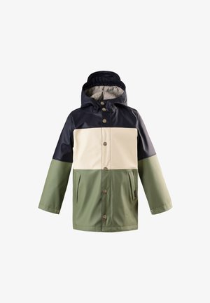 Kinder wasserdichte Jacke mit angenähter Kapuze, in Navy, Beige und Olivgrün, mit Druckknöpfen und Fronttaschen.