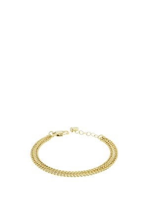 Bracciale in oro con design a doppia fila, costituito da maglie interconnesse e chiusura a gancio. Estensione della catena regolabile a un'estremità.