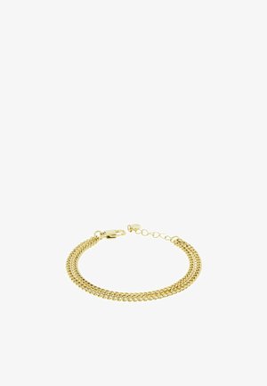 Bracciale in oro con design a doppia fila, costituito da maglie interconnesse e chiusura a gancio. Estensione della catena regolabile a un'estremità.