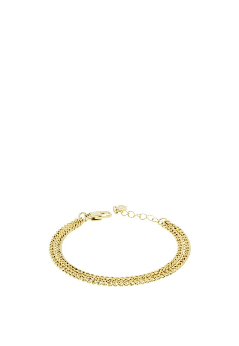 Bracciale in oro con design a doppia fila, costituito da maglie interconnesse e chiusura a gancio. Estensione della catena regolabile a un'estremità.