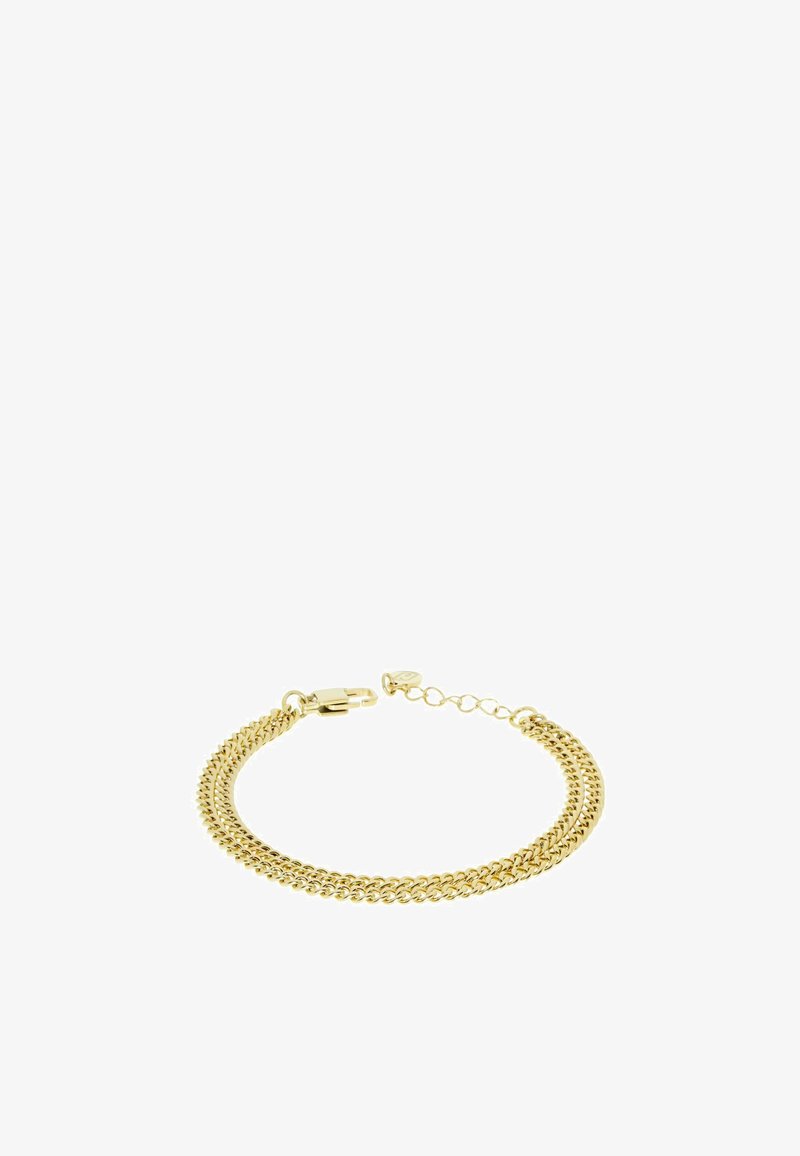 Bracciale in oro con design a doppia fila, costituito da maglie interconnesse e chiusura a gancio. Estensione della catena regolabile a un'estremità.