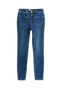 Szegény kék farmerből készült skinny farmernadrág. Öt zsebbel rendelkezik, cipzáras, gombos zárással, és minimális kopással bír, sima textúrával.