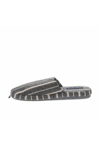 Zapatilla gris a rayas con un upper de textil suave y diseño de fácil puesta. Presenta rayas beige y blancas y una suela plana para mayor comodidad.