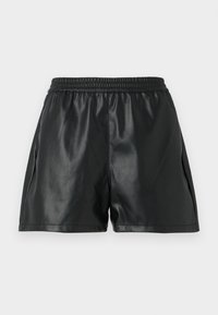 Czarne szorty z ekologicznej skóry z elastycznym pasem, o gładkiej fakturze i prostym kroju. Bez kieszeni i dodatkowych ozdób.