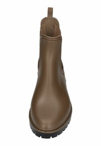 Botte chevillère en caoutchouc marron avec une finition lisse, des panneaux latéraux élastiques et une semelle en caoutchouc noir texturé. Tirette à l'arrière pour un enfilage facile.
