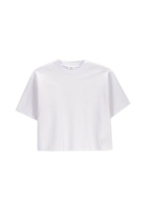 Biały, oversize krótki crop top z okrągłym dekoltem, pokazany na jednolitym białym tle.
