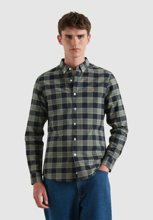 Groene en marineblauwe geruite overhemd met een button-down kraag, lange mouwen en een klein logo op de borst. Gemaakt van zacht geweven stof.