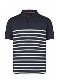 Navyblauwe polo met witte horizontale strepen, korte mouwen, drie knoopjes en geborduurd logo op de borst. Zachte stof textuur.