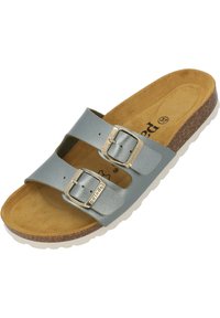 Sandale à glissière en cuir gris avec deux boucles en argent ajustables, semelle en liège et semelle en caoutchouc blanche. Semelle intérieure texturée avec détail de logo.