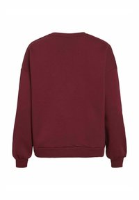 Felpa bordeaux, misto cotone, collo rotondo, spalle scese, maniche lunghe, polsini e orlo a costine, texture liscia, colore uniforme.