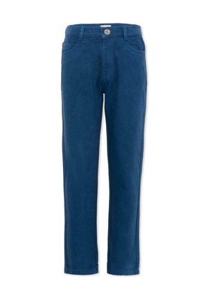 Pantaloni blu a gamba dritta con bottone e cerniera frontali, due tasche anteriori e passanti per cintura, mostrati su sfondo bianco.