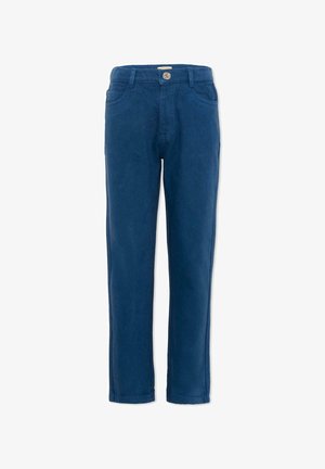 Pantalon bleu droit avec bouton et fermeture éclair à l'avant, deux poches avant et passants de ceinture, présenté sur fond blanc.