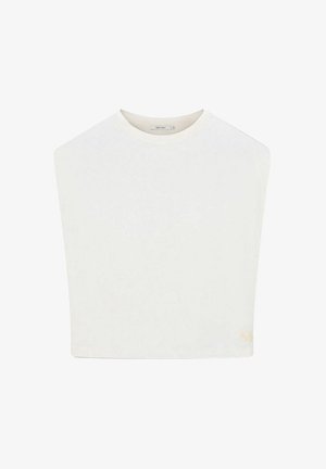 White short-sleeve top with a square silhouette and a rounded neckline. Made from smooth fabric, featuring a subtle logo detail.