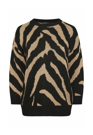 Black and beige animal print sweater with long sleeves and a round neckline, displayed on a white background.
