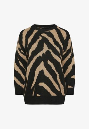 Black and beige animal print sweater with long sleeves and a round neckline, displayed on a white background.