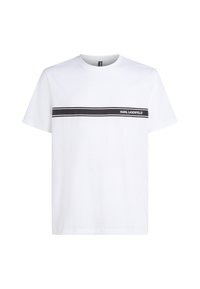 T-shirt di cotone bianco con una striscia orizzontale nera e il testo "KARL LAGERFELD" in bianco. Collo rotondo e maniche corte.