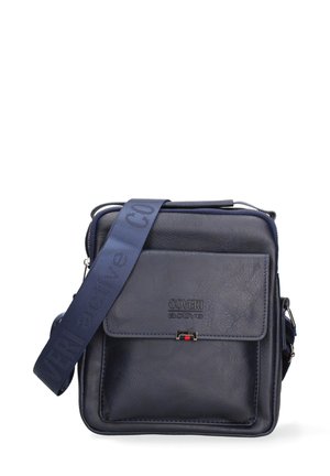 Petit sac bandoulière en cuir bleu marine avec poche à rabat avant, fermoir argenté et sangle bleue réglable étiquetée « Coveri active ».