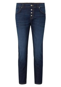 Jeans ajustados de color azul oscuro con cuatro botones plateados expuestos, bolsillos frontales y costuras naranjas sobre un fondo blanco.