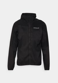 Black lightweight jacket with a hood, zippered front, and subtle branding. Made from smooth, water-resistant fabric with long sleeves.