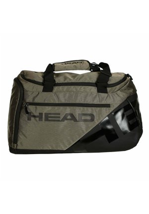 Borsa da viaggio HEAD verde oliva e nera con doppio manico, tasca frontale con zip e grande logo del marchio sul lato e sull'impugnatura.