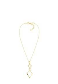 Guld metallic halskæde med en delikat kæde og et geometrisk vedhæng, der inkluderer en diamantform og en firkant med klare accenter.