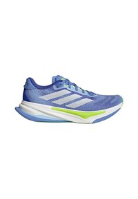 Blue running shoe with a textured mesh upper, white stripes, and green accents. Features a curved sole and padded collar for support.