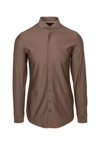 Bruine langslavige shirt gemaakt van soepele stof, met een klassieke kraag, knoopsluiting aan de voorkant en met knopen afgesloten mouwen.