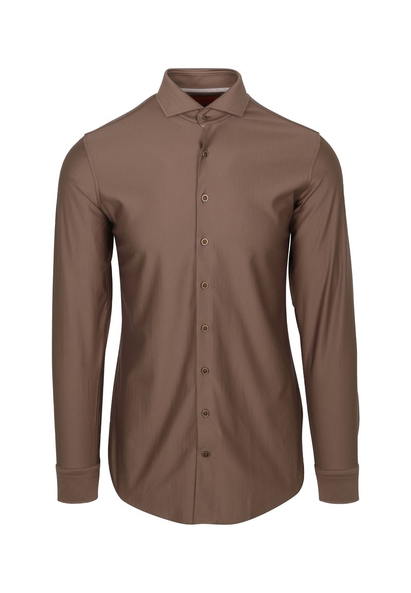 Bruine langslavige shirt gemaakt van soepele stof, met een klassieke kraag, knoopsluiting aan de voorkant en met knopen afgesloten mouwen.