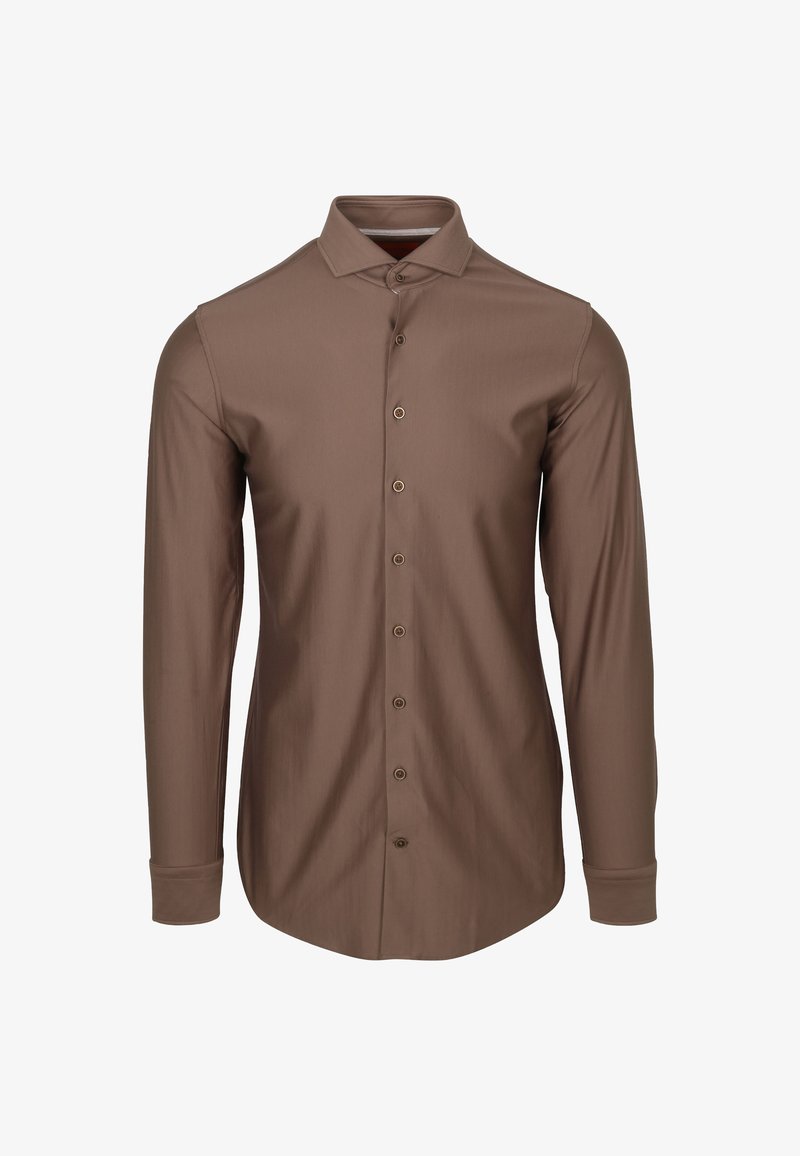 Bruine langslavige shirt gemaakt van soepele stof, met een klassieke kraag, knoopsluiting aan de voorkant en met knopen afgesloten mouwen.