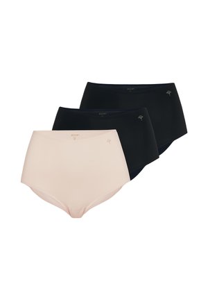 Kolme paria naisten korkeavyötäröisiä saumattomia alushousuja mustana ja beigenä, jokaisessa vasemmassa lonkassa pieni kukkakuvioinen logo.