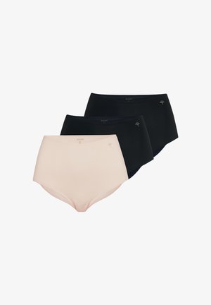 Kolme paria naisten korkeavyötäröisiä saumattomia alushousuja mustana ja beigenä, jokaisessa vasemmassa lonkassa pieni kukkakuvioinen logo.